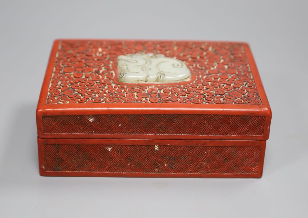 A Chinese lacquer and jade box, width 14cm depth 10cm height 5cm